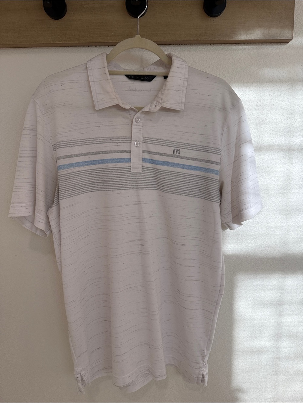 Travis Mathew Cream Polo with Gray and Light Blue Stripes
